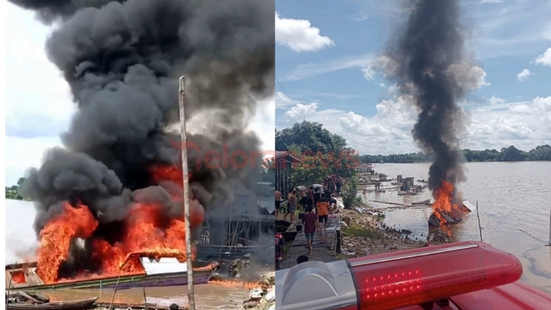 Api besar dan asap hitam tebal terlihat membumbung tinggi, sementara warga berusaha membantu pemadaman. (foto: Geloranews.co/warga setempat)