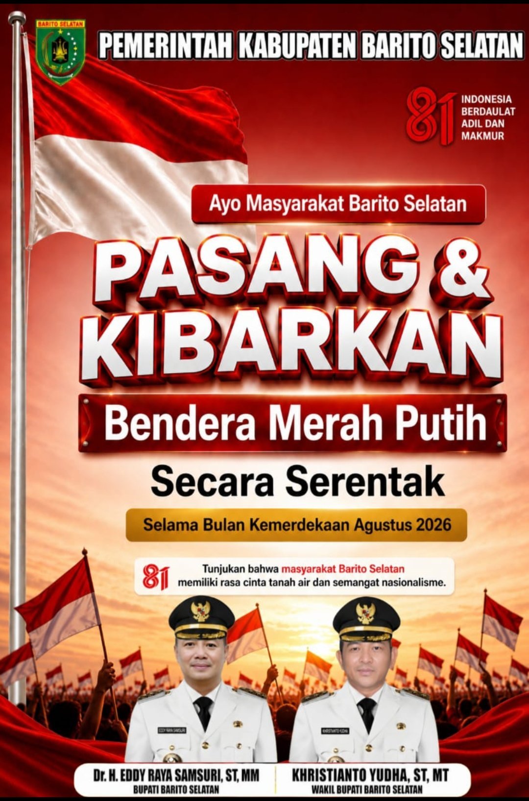 sambut-hut-ke-81-ri,-bupati-barsel-ajak-warga-serentak-kibarkan-merah-putih-selama-agustus